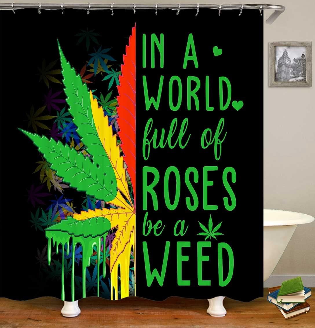 4PCS/Set Weed Leaf Shower Curtain set, Jamaican Rasta Reggae Cannabis Marijuana Leaf Bathroom Decor, Waterproof Fabric Black Bath Curtain, Non-Slip Bath Rugs Toilet Carpet, Green Red Yellow