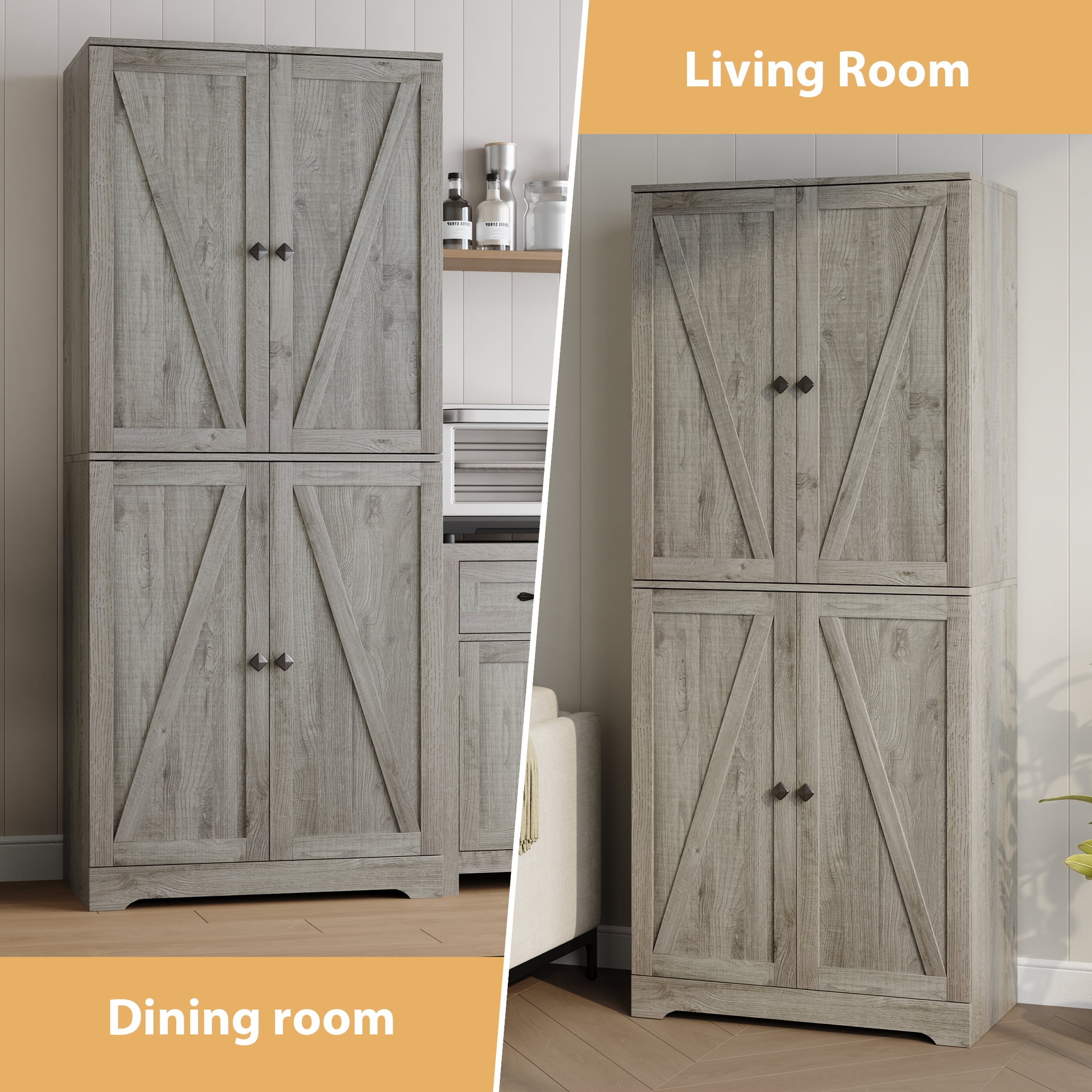 YouTrend 72'' Farmhouse Kitchen Pantry Cabinet with 4 Barn Doors,Storage Cabinet W/ 4 Shelves for Living Room,Kitchen,Bathroom,Office,Gray