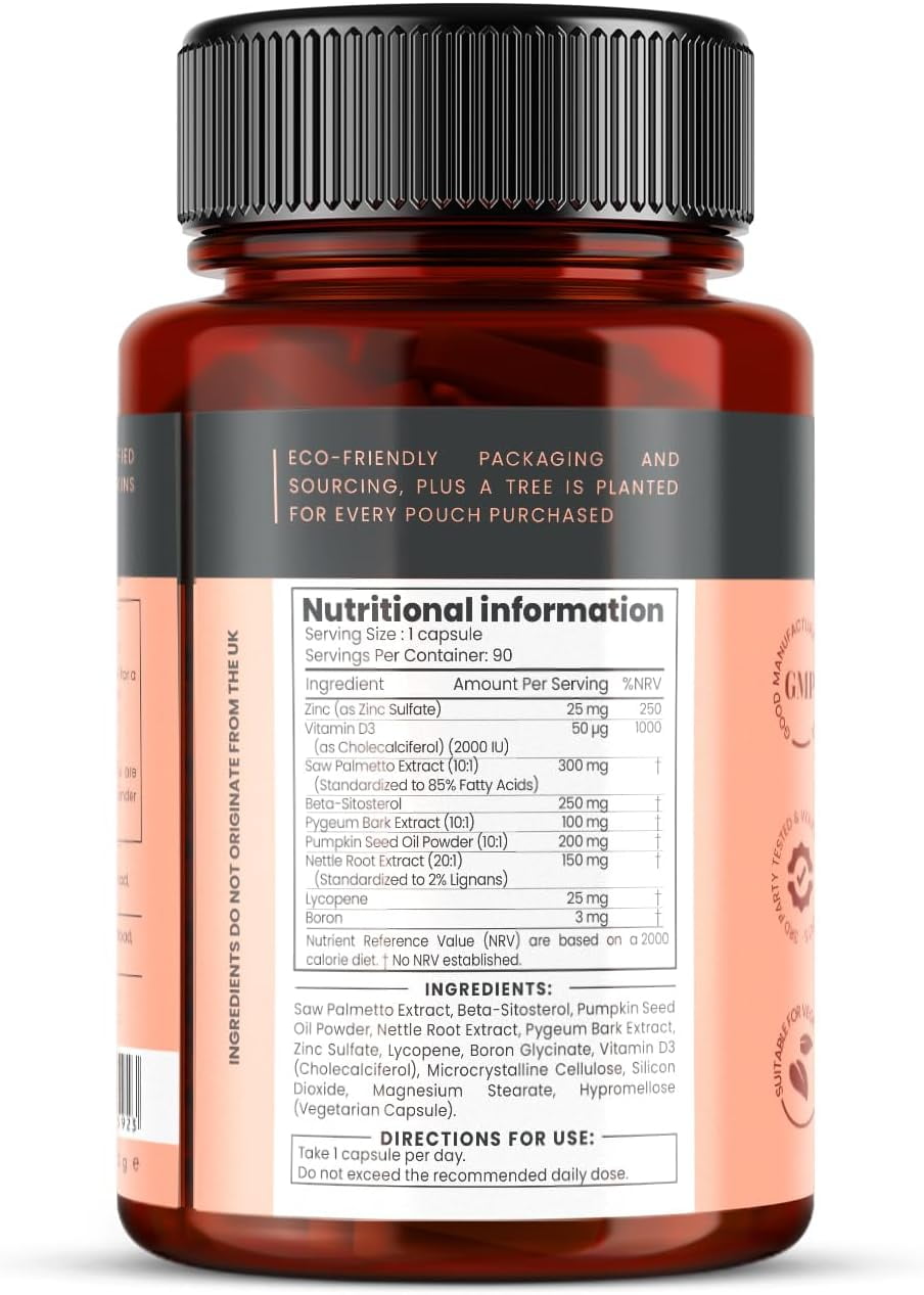 Pureclinica Extra Strength ProstaC, Premium Men’s Formula with Saw Palmetto, Beta-Sitosterol, Pygeum, Nettle, Lycopene, Zinc & Vitamin D3, 90 Capsules (3-Month Supply)