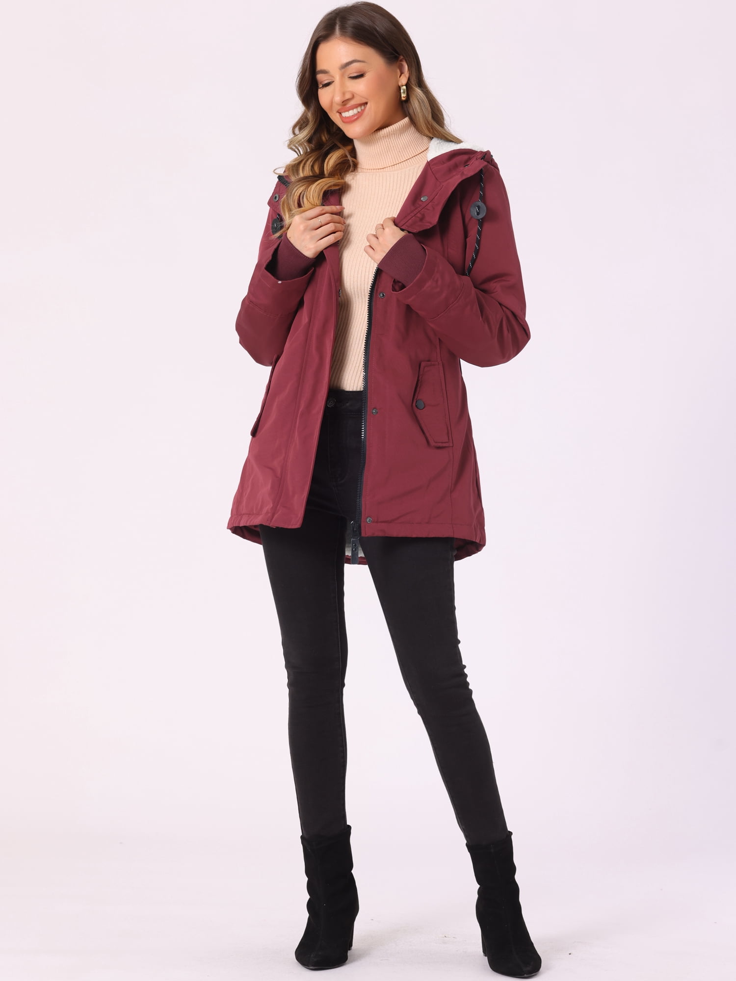 DARING DIVA Women's Winter Coat with Faux Fur Hood and Multiple Pockets XS Red