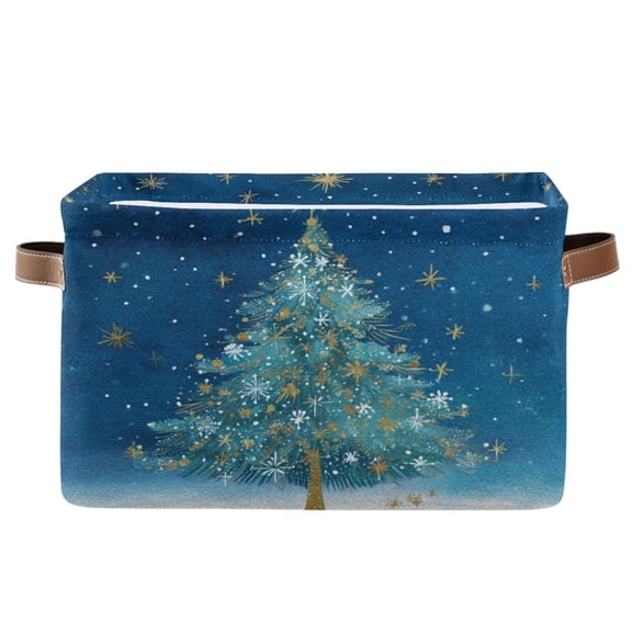 1-Pack Square Closet Organizers with Handles Open Basket Bins Watercolor Christmas Tree Storage Basket for Home Office