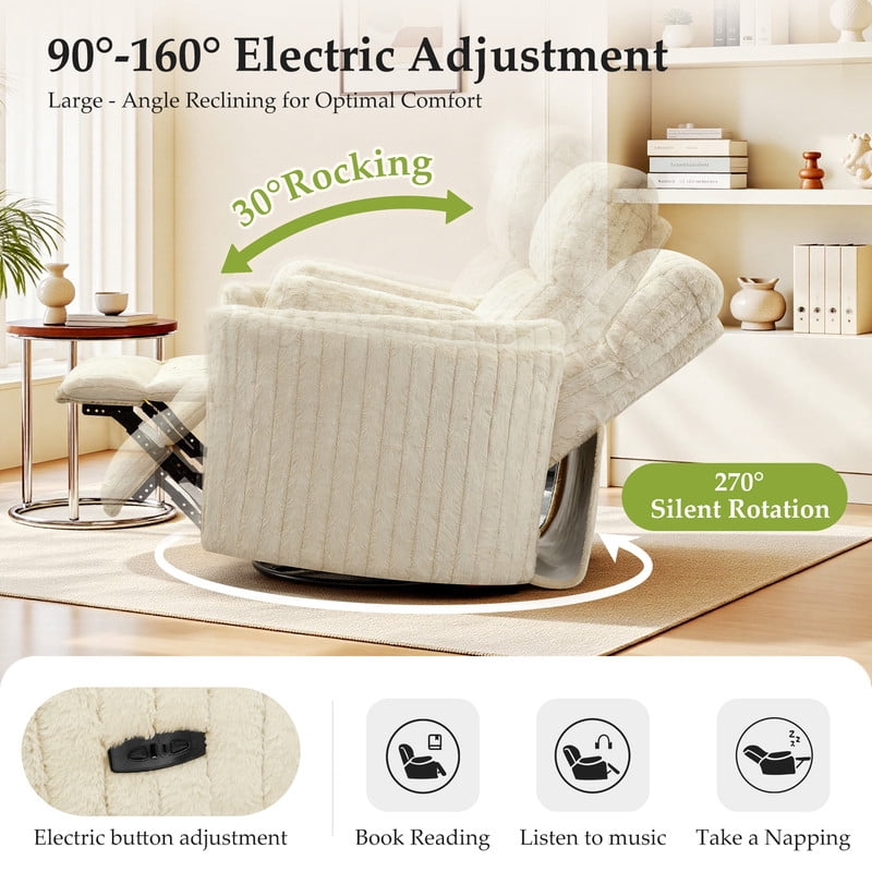 ATHOPE Powered Recliner Chair, Comfy Rocking Chair Nursery with USB Ports, Modern Velvet Swivel Glider Rocking Chair with High Back Deep Seat, for Living Room Small Space, Beige