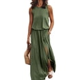 thumbnail image 2 of Women's Round Neck Sleeveless Dress Slit Solid Color Classic Plus Size Waist Casual Commuting Loose Long Skirts, 2 of 7