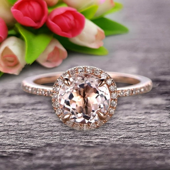 Round Cut 1.50 Carat Morganite Engagement Ring Wedding Ring On 10k Rose Gold Halo Art Deco Anniversary Gift