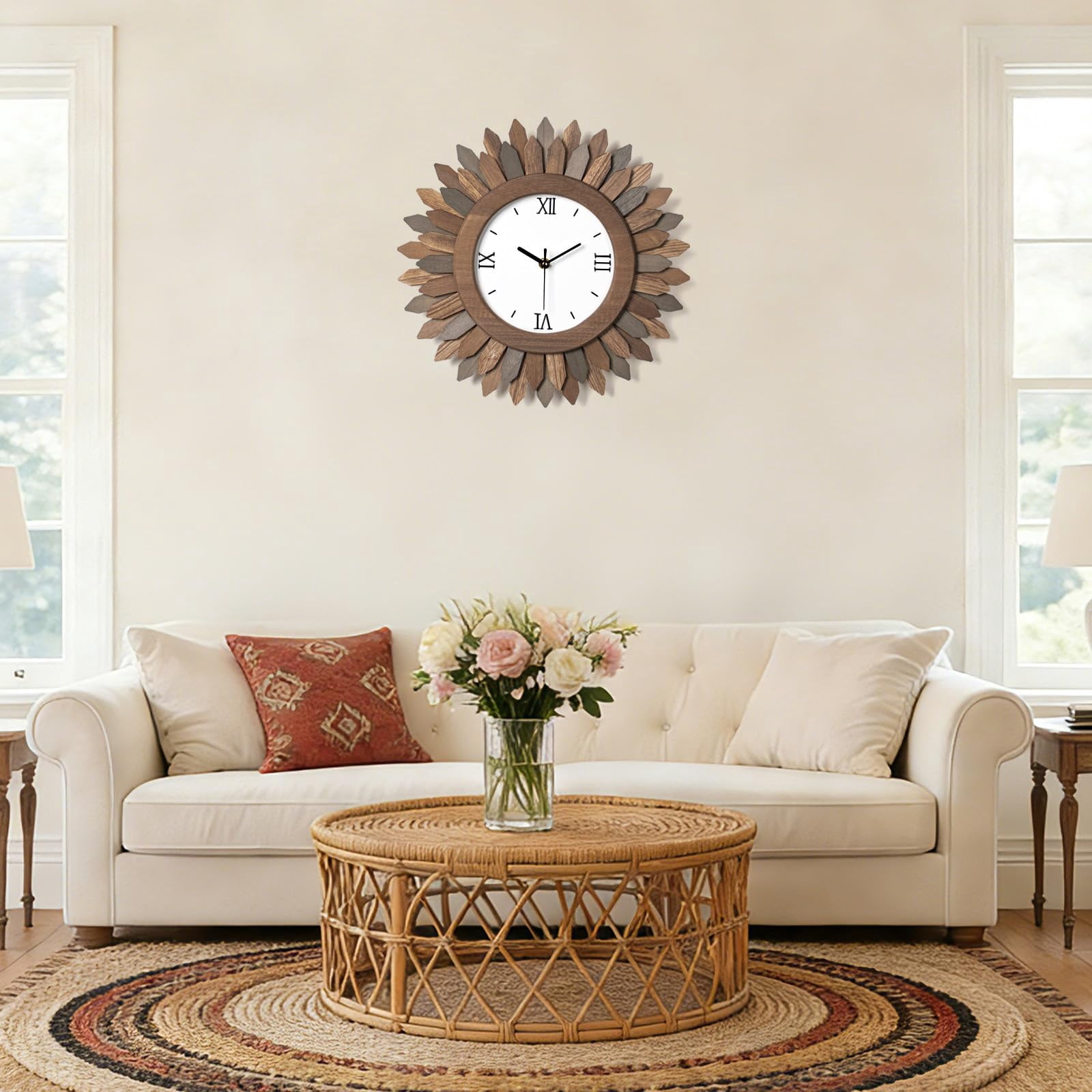 14 In Rustic Wood Boho Sunburst Decorative Wall Clock Silent Non Ticking Farmhouse Small Wall Clocks for Living Room Kitchen Bedroom Decor (Tricolor)