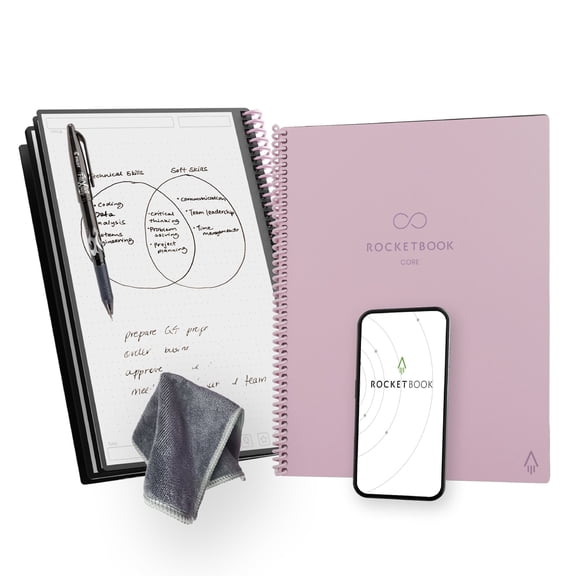 Rocketbook Core Reusable Smart Notebook, Letter 8.5" x 11", Pink, Dot Grid Pages, Cloud Connected Erasable Spiral Notebook