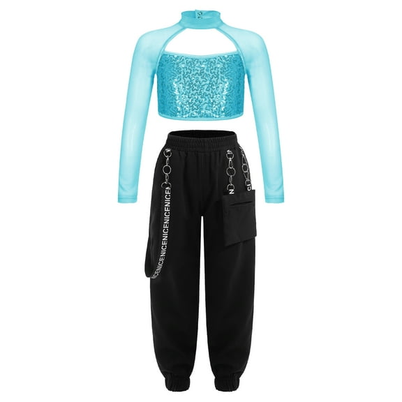 Yeahdor Girls Sequins Open Back Crop Top with Jogger Pants Dance Outfit Hip-hop Street Dance Performance Costume Lake Green 6