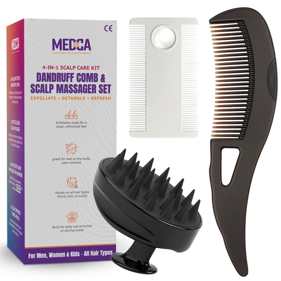 Dandruff Comb and Scalp Massager Set - (4 Piece Set) Exfoliating Hair Tool Kit with Fine Tooth Comb, Silicone Scrubber, Travel Case - Flake & Buildup Removal for Men, Women, Kids - All Hair Types