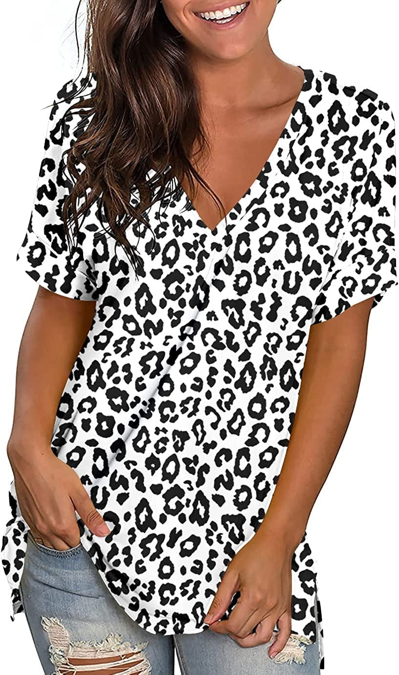 JuneFish Women's Summer Short Sleeve VNeck TShirt Side Split Casual