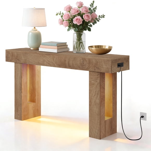 Mesa Consola Estilo Granja de Madera con Enchufes Integrados y Luz LED con Detector Movimiento 63 Pulgadas Estante Abierto Puertos USB para Sala Recibidor y Detrás del Sofá Madera