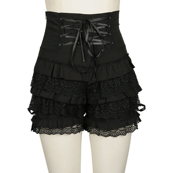 Hvot&aat Gothic High Waist Ruffle Balloon Shorts for Women Tie Waist Lace Up Double Layered Ruffles Y2k Pant