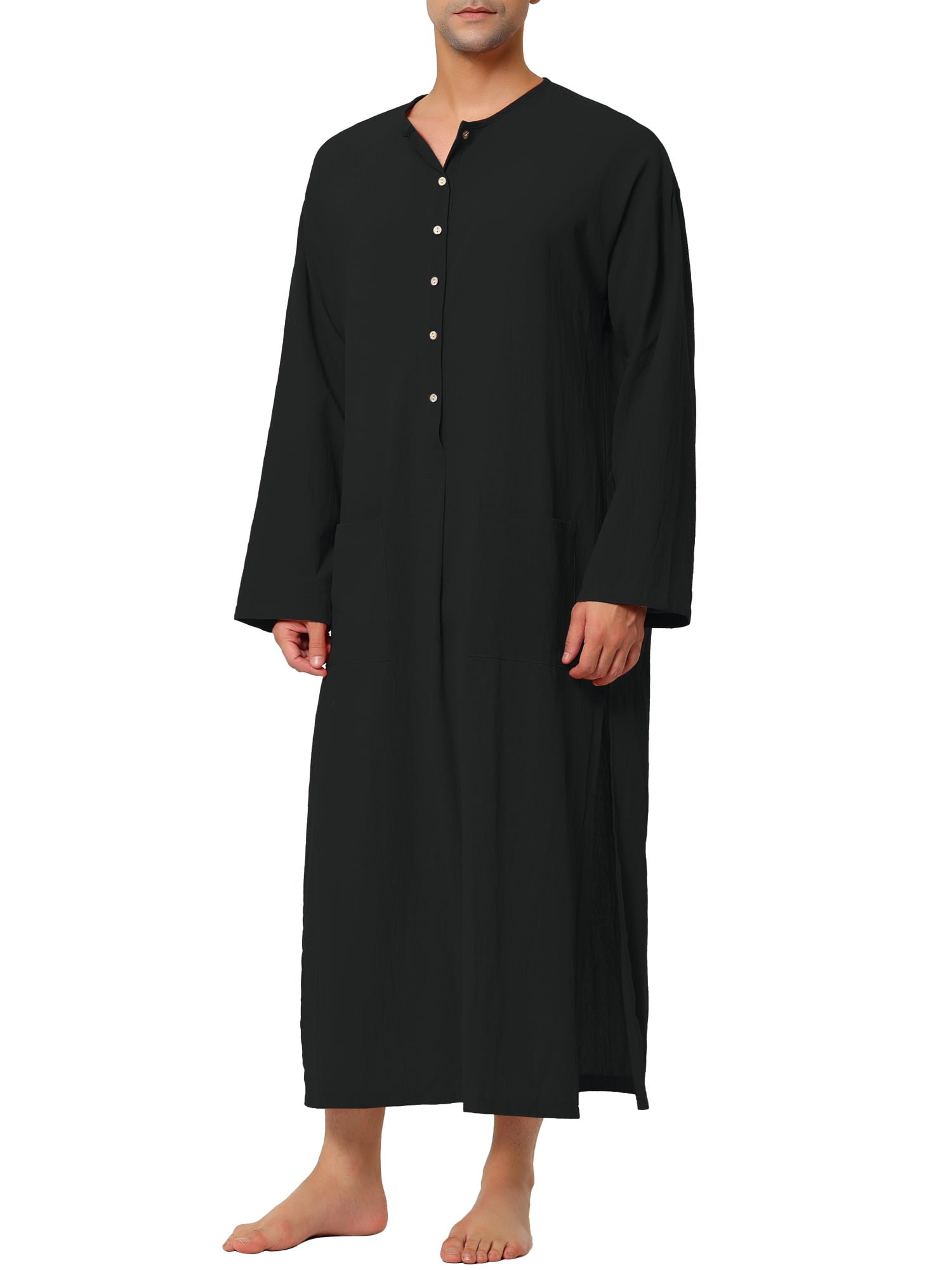 Unique Bargains Men's Nightshirt Cotton Sleep Shirt Side Split Long Nightgown L Black