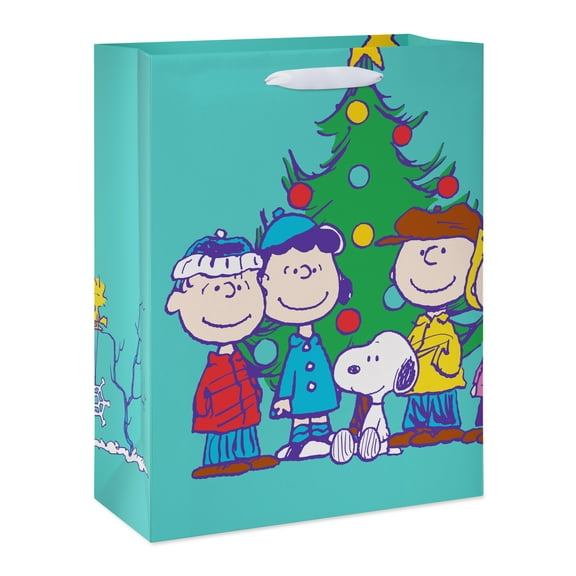 American Greetings Peanuts Friends 16 in. Extra Large Teal Gift Bag for Christmas (1-Count)