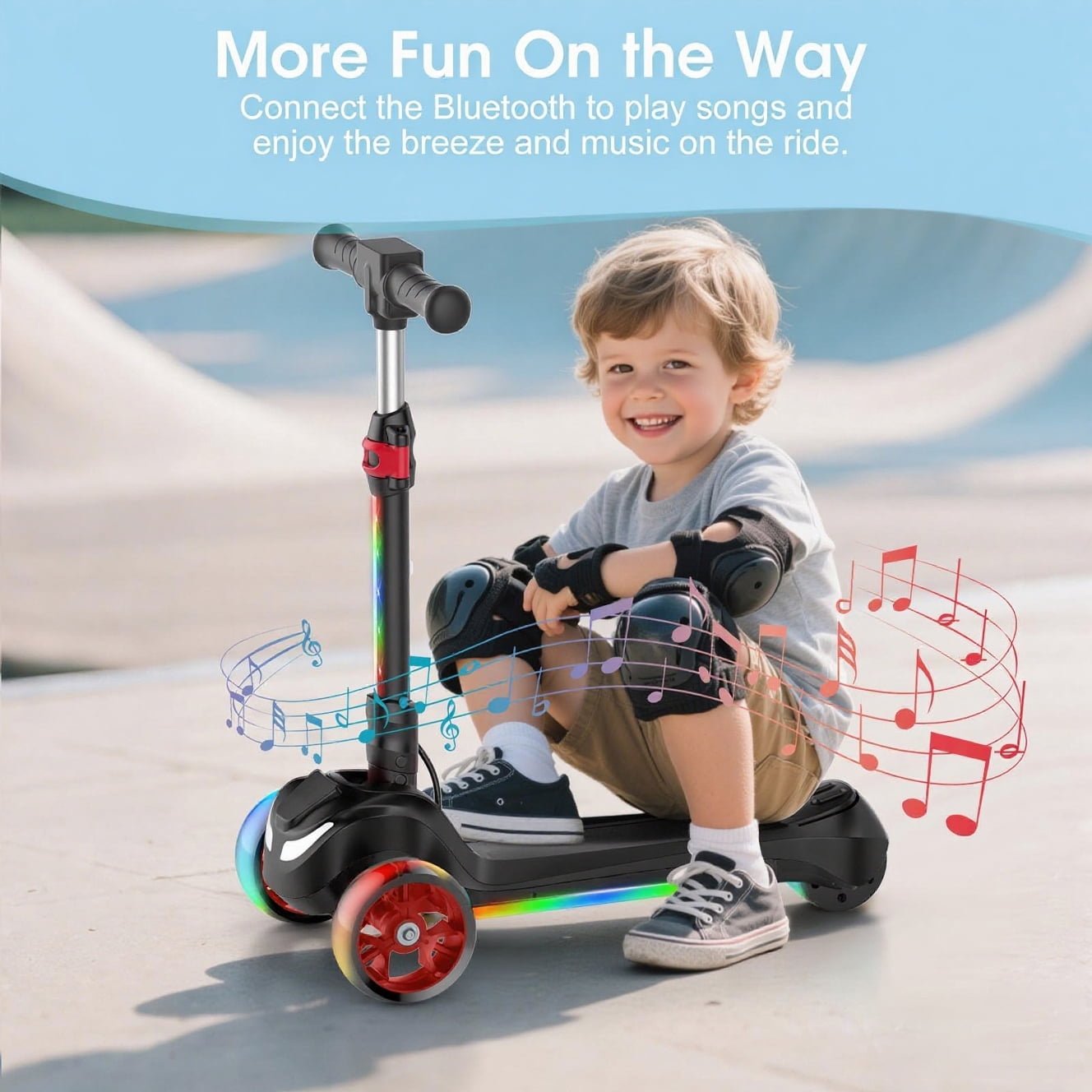 Electric Scooter for Kids Age 3-6, Bluetooth & Display Foldable 3-Wheel Escooter, Light-Up Wheels & Pedal Adjustable Scooter, 2-Speed Electric Ride On Toys (Black)