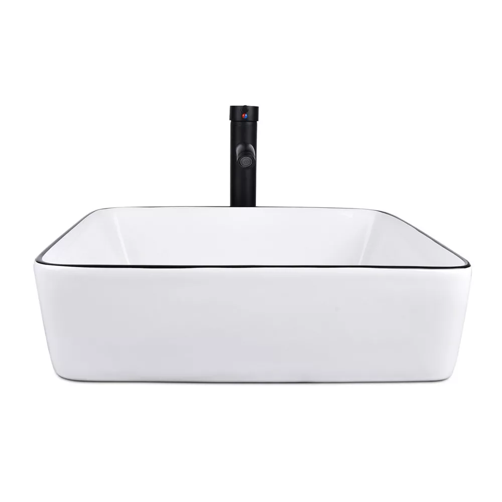 FULLWATT Bathroom Ceramic Sink Vanity Vessel Basin Porcelain Faucet Drain Combo Rectangle,White