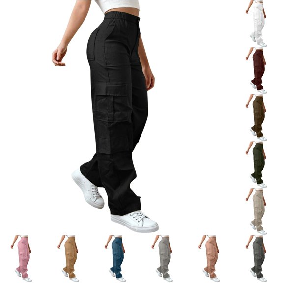 LIIPEE Loose Fit Cargo Pants For Women Casual Solid Color Elastic Waist Wide Leg Trousers With Multiple Pockets Ladies Everyday Versatile Pants,S
