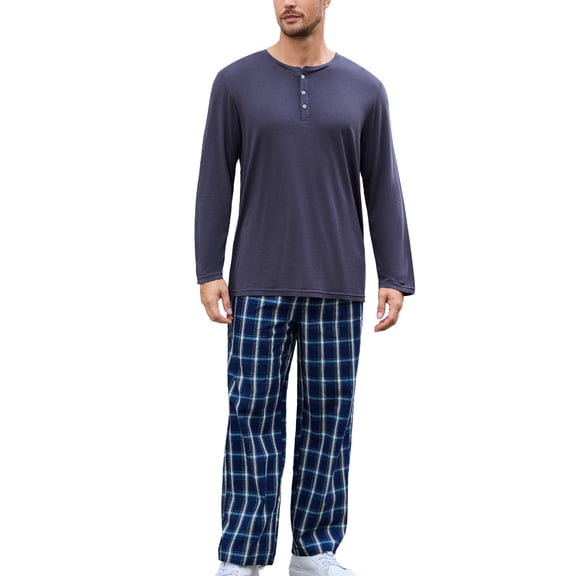 U2SKIIN Mens Pajama Set Long Sleeve, Pajamas Made from Bamboo Pulp Viscose and Cotton Lightweight PJS for Men(Dark Grey Dark Blue Plaid,L)