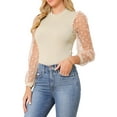 thumbnail image 4 of INSPIRE CHIC Women's Mock Neck Bodysuit Elegant Polka Dot Long Mesh Sheer Sleeve Slim Fit Bodysuits L Khaki, 4 of 6