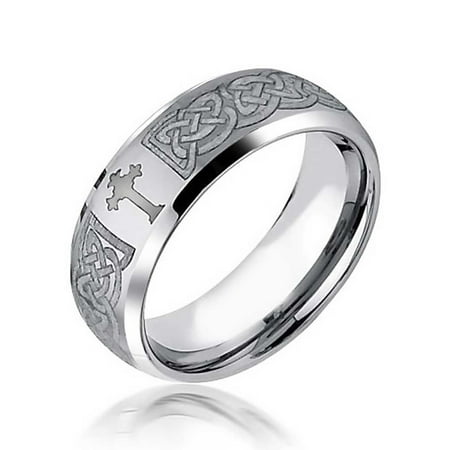 Etched Irish Celtic Knot Maltase Cross Couples Wedding Band Tungsten Rings For Men For Women Matte Silver Tone