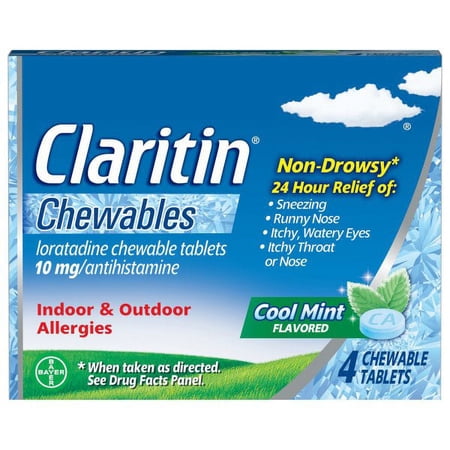 Claritin 24-Hour-Non-Drowsy Allergy Cool Mint Chewable Tablet, Antihistamine, 4 Count