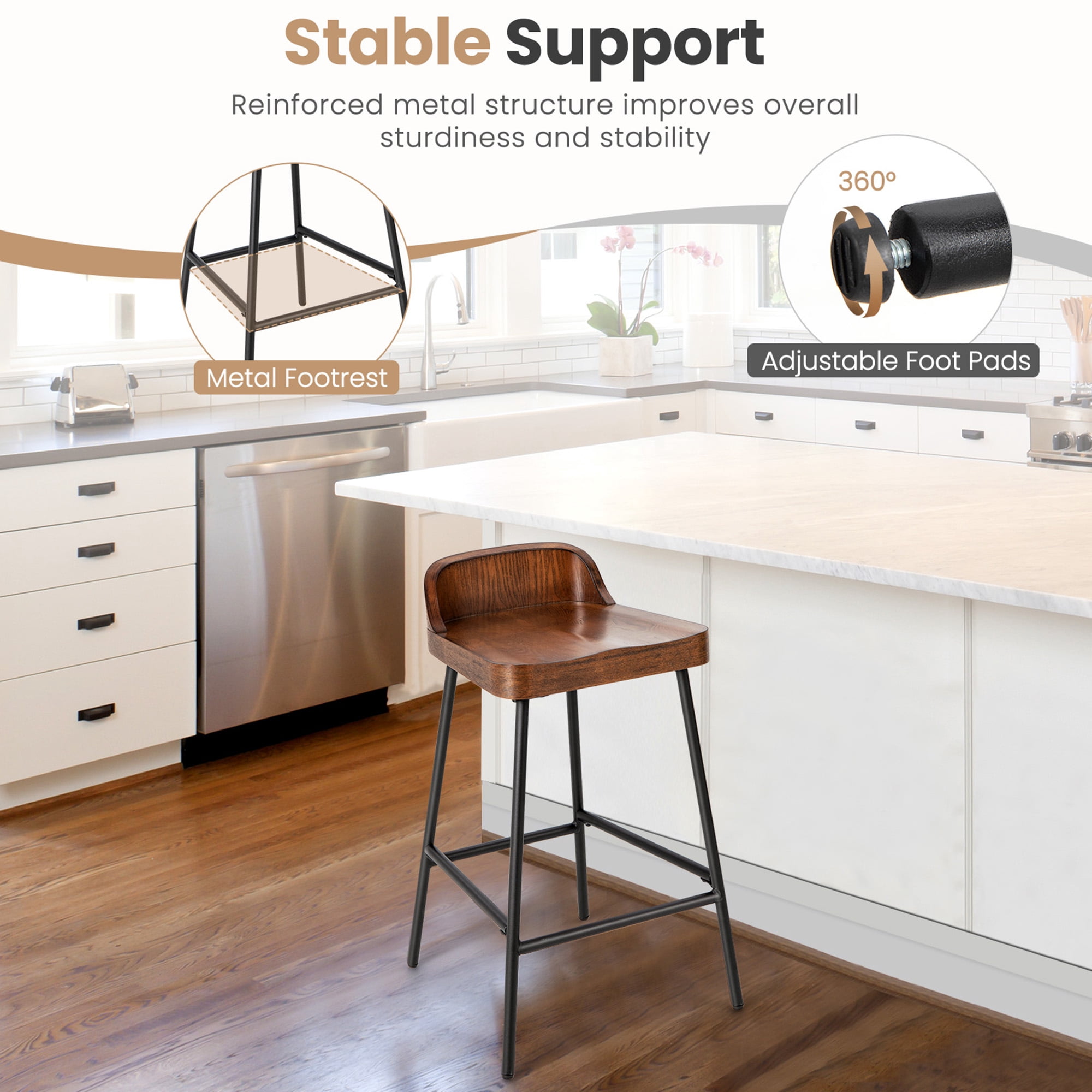Gymax Fashion 2PCS 24.5'' Low-Back Bar Stool Industrial Counter Height Chair Stool