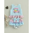thumbnail image 3 of Toddler Baby Girl Summer Golf Outfits Sleeveless Golf Embroidery Striped Tank Tops Ruffles Bowknot Bloomers Shorts 2Pcs Set, 3 of 8