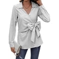 thumbnail image 3 of Xuanfei Women Striped Lapel V Neck Bowknot Tie Front Long Sleeve Blouse, 3 of 7