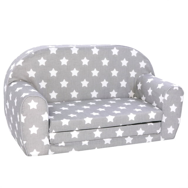 Delsit Toddler Couch and Kids Flip Open Foam Double Sofa, Gray with Stars