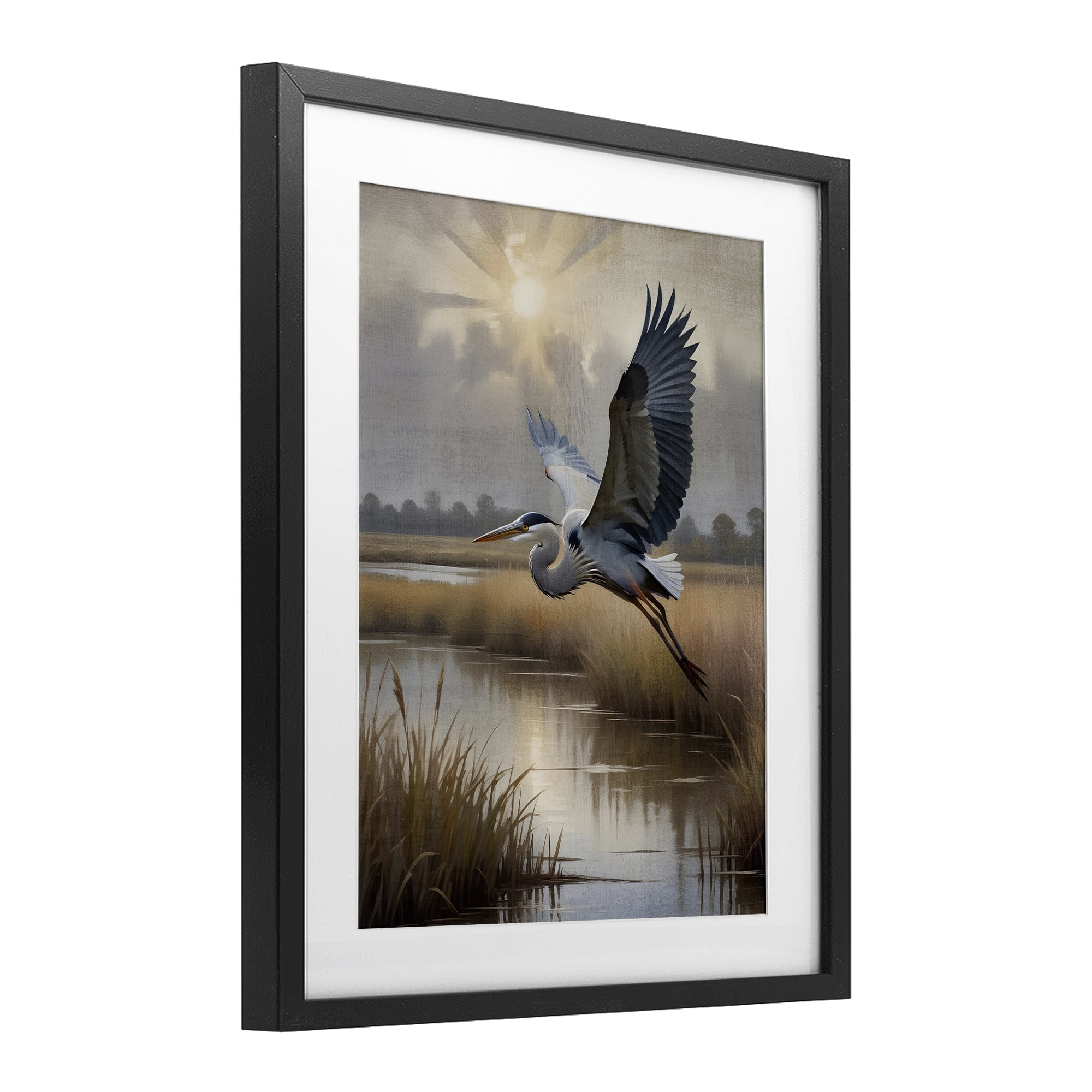 Heron Flight over Wetlands Black Framed Print Under Glass, 17 x 21 - By Susan Arnot