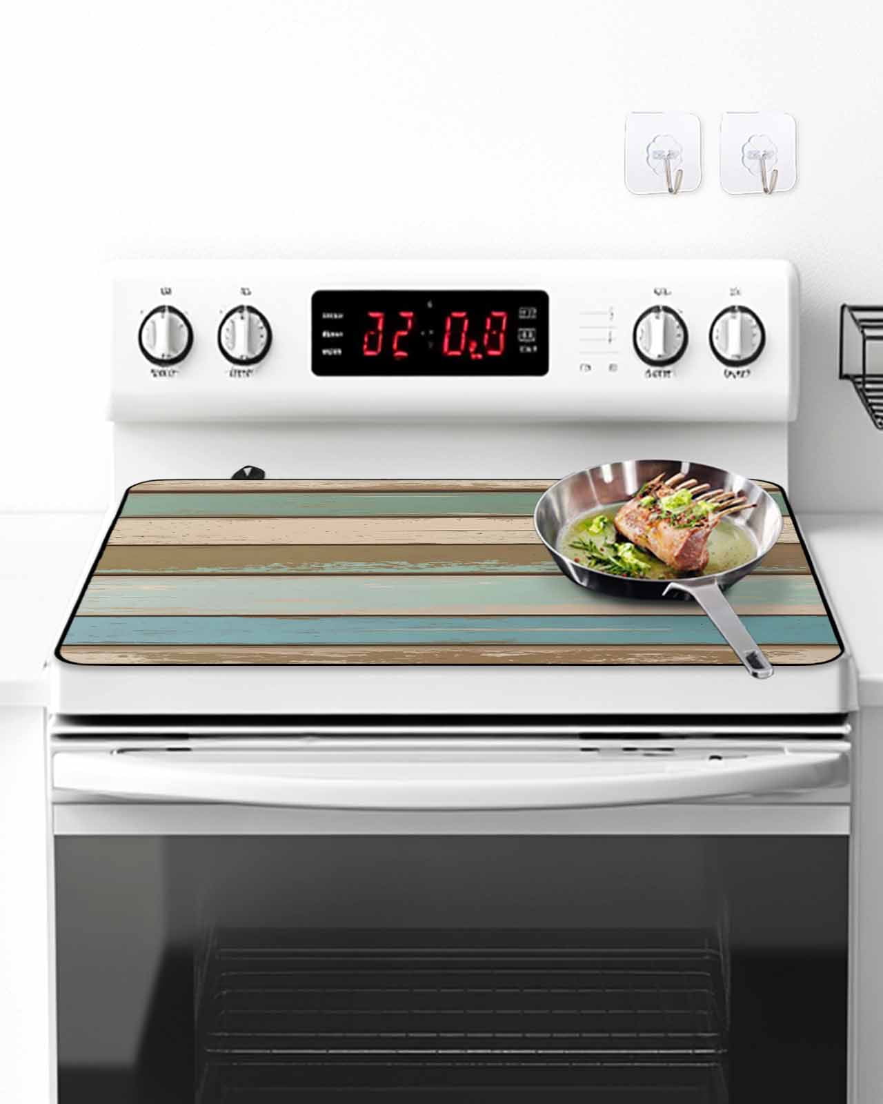 Stove Top Covers for Electric Stove, Green Blue Brown Farmhouse Glass Stovetop Cover Protector, Vintage Wood Induction Cooktop Protector Oven Mat for Kitchen Countertop 24"x21"