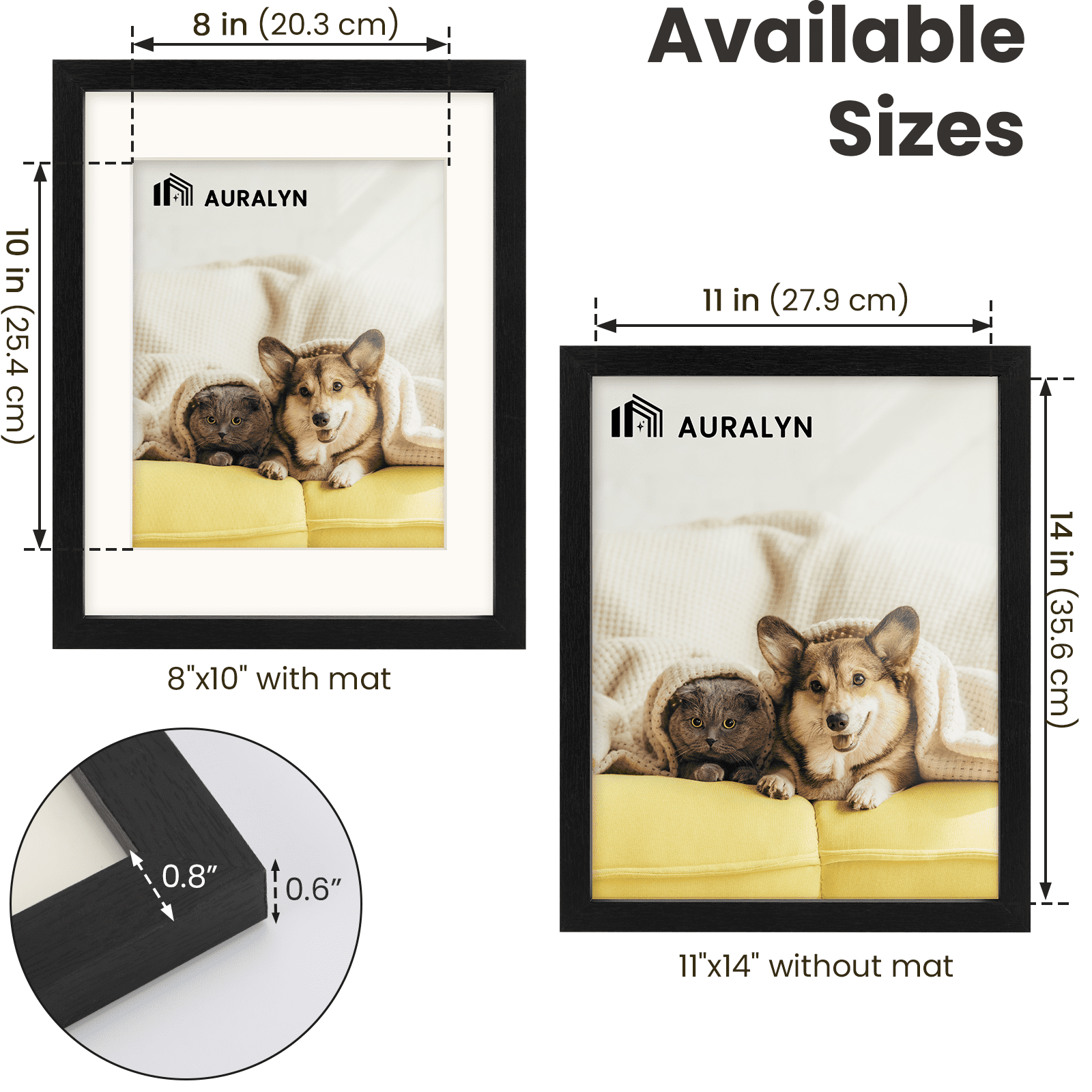 AURALYN 11x14 Picture Frame Set of 3 – Fits 8x10 with Mat or 11x14 Without Mat – Easy to Hang, Finger-Friendly, Includes Hanging Kit (Black Wood Grain, 3 Pack)