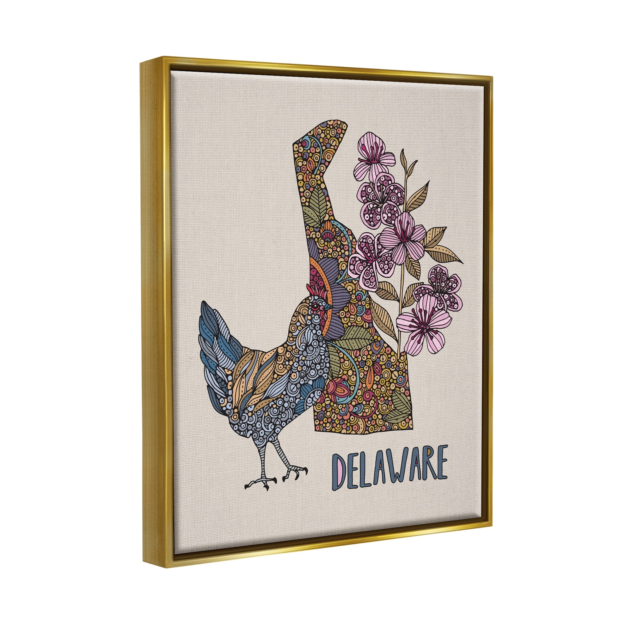 Stupell Industries Delaware Blue Hen State Flower Intricate Blossoms Graphic Art Metallic Gold Floating Framed Canvas Print Wall Art, Design by Valentina Harper
