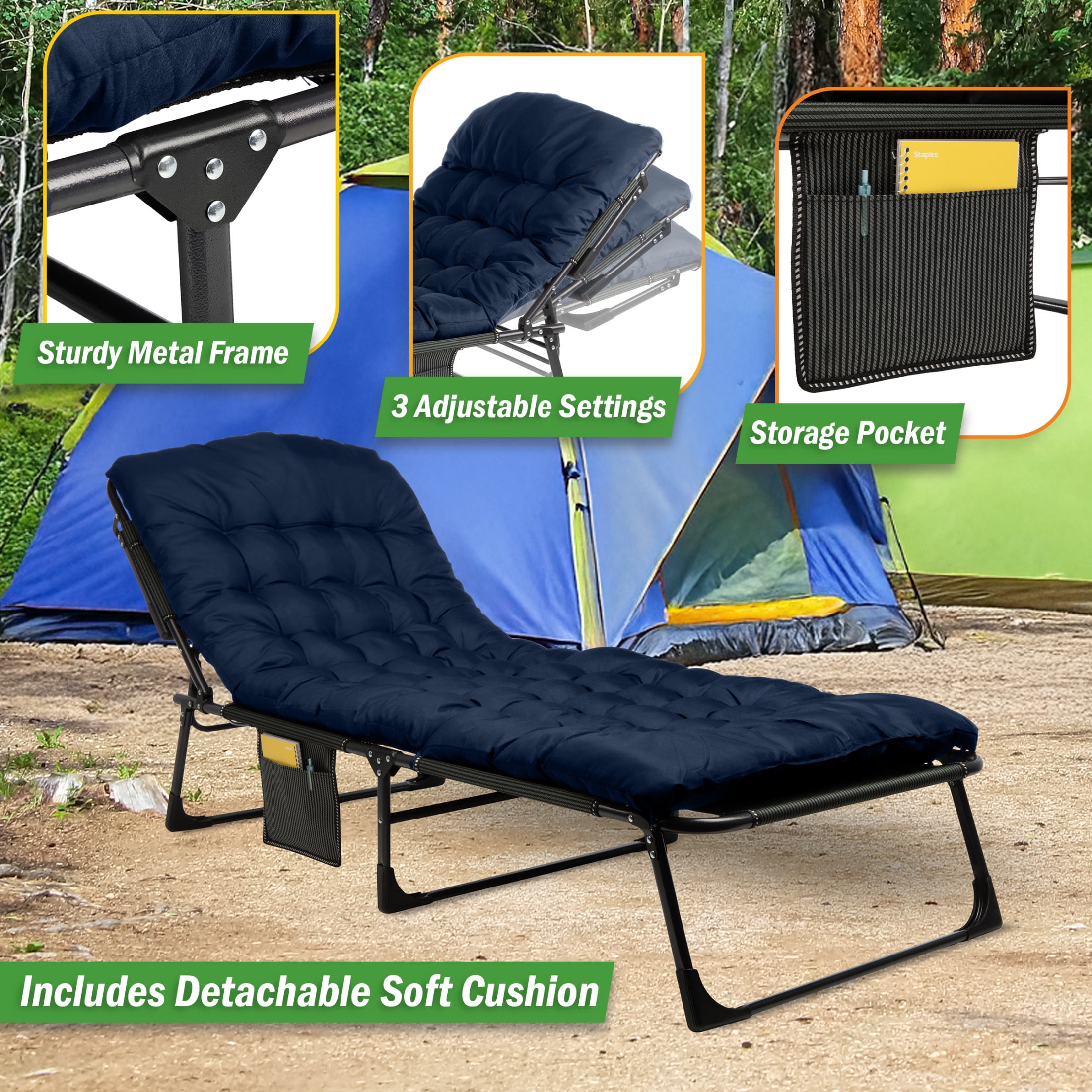 Wakeman Outdoors Folding Camping Cot with Mattress for Adults up to 440lbs, Navy