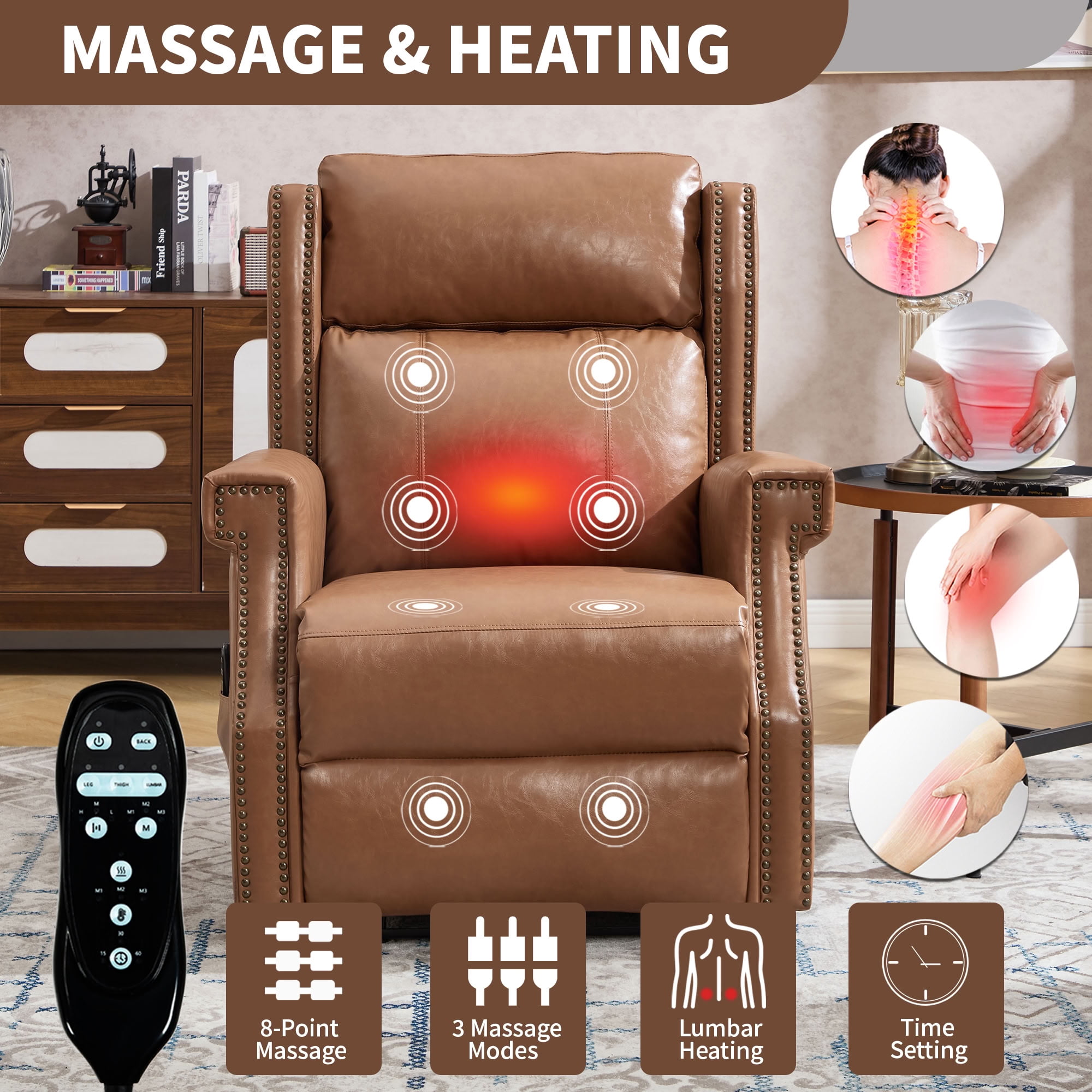 MAYEERTY Manual Massage Recliner Chair, Faux Leather Lounge Armchair with Nailhead Trim & Lumbar Heat, for Living Room Home Theater