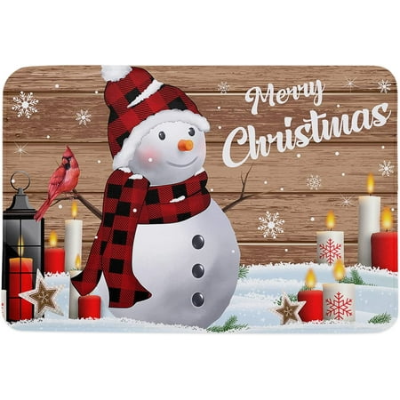 

Merry Christmas Indoor Door Mat Entryway Rug Anti-Skid Doormat Decorative Absorbent Washable Floor Mat for House Patio High Traffic Areas Decorch Snowmen Snowflakes Brown Wooden Grain 20x32 Inch
