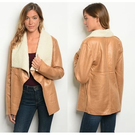 Shearling Leather Coat - JED FASHION Women's Vegan Leather & Shearling Wide Collar Jacket