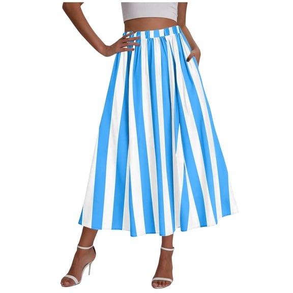 Womens Striped Maxi Skirts Loose Fit High Waisted Tie Flowy Long Skirt Cruise Casual Bohemian Skirts A-Line Elastic Waist Flowy Skirt 2026 Summer Beach Vacation Outfits