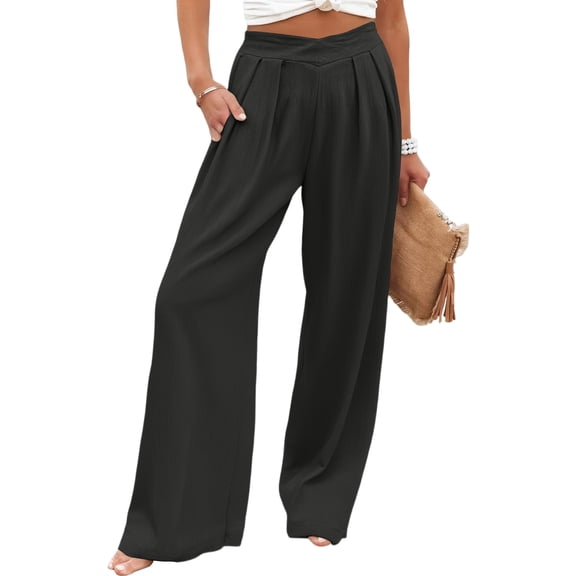 Dresfit Wide Leg Pants Womens Palazzo Linen Yoga Slacks 2026 Summer Lightweight Loose Pant Stretch Flowy Business Trousers with Pockets Black M