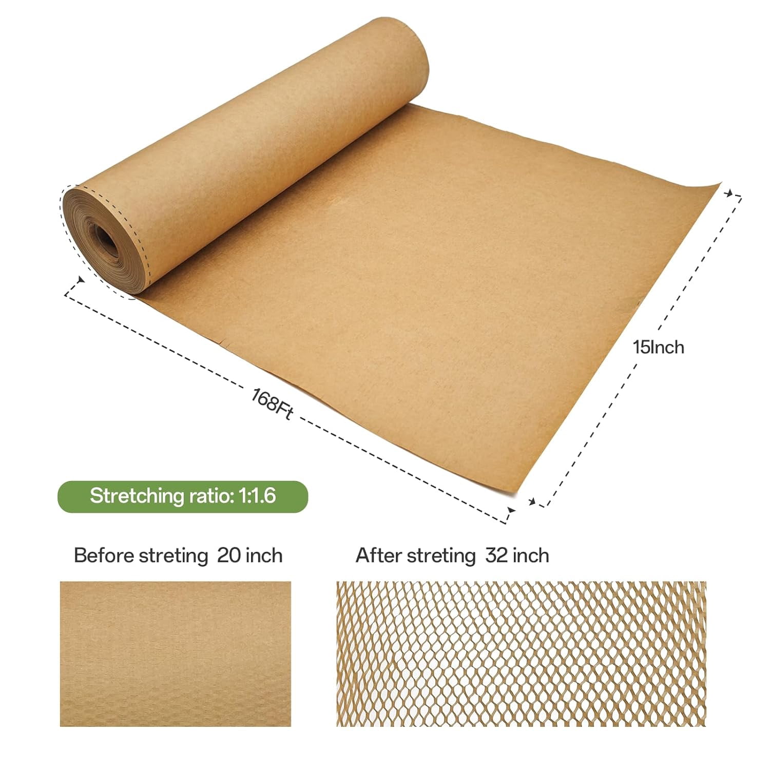 Honeycomb Packing Paper Roll, Kraft Cushion Wrapping Paper for Moving, Shipping & Gift Packaging, Recyclable Protective Bubble Alternative Paper, Khaki Color