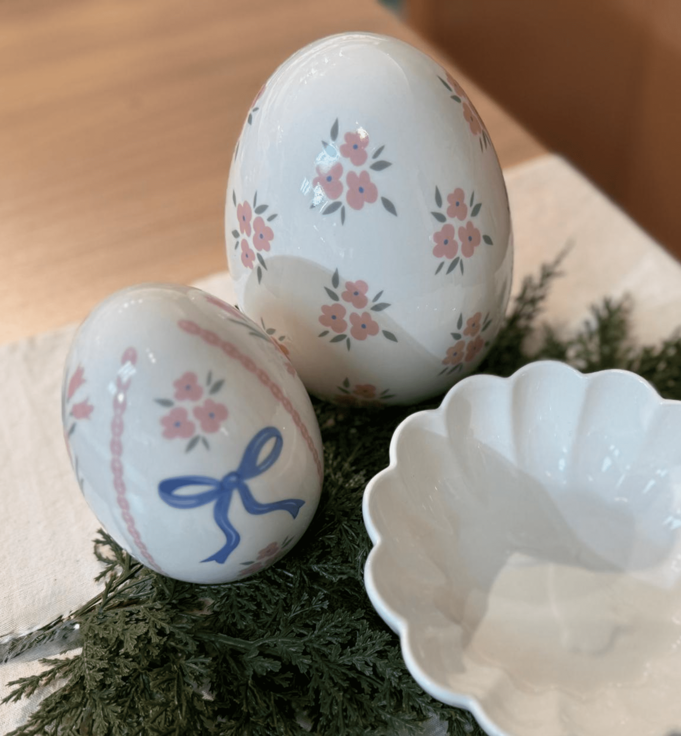Ceramic Ribbon Bow Easter Egg Decoration, Blue and White, 4.5", by My Texas House