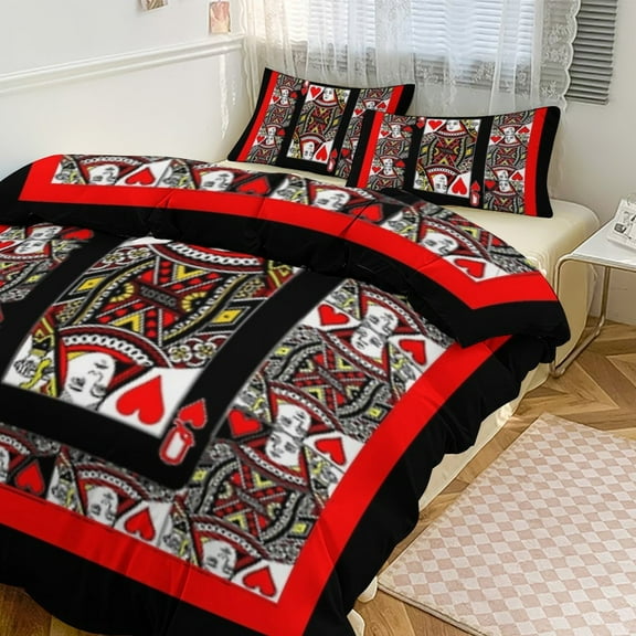 3 Pcs Soft Bedding Set, Includes 1 Duvet Cover with Zipper And 2 Pillow Shams,CASINO RED QUEEN OF HEARTS PATTERN RED-BLACK ART Twin(86"x70")