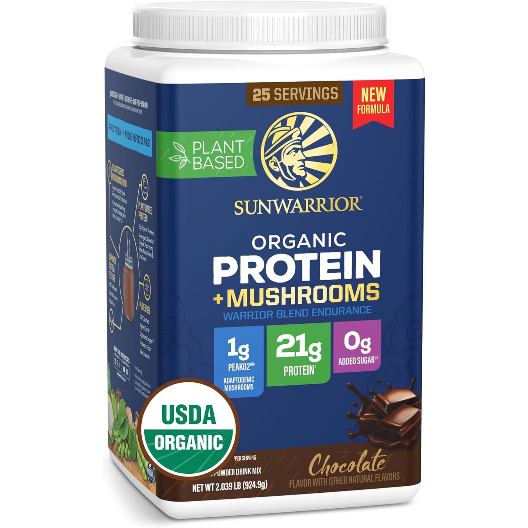 Sunwarrior US Organic Warrior Blend Endurance + Mushroom Chocolate 924.63 Tub (25 srv)