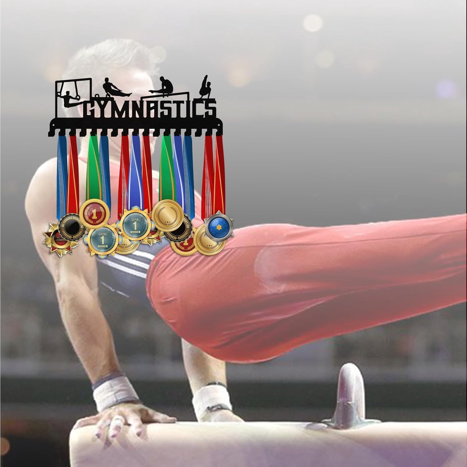 Gymnastics Medal Hanger Medal Display Holder Hanger 17 Hooks Metal Medal Rack Frame Sport Awards Ribbon Holder Personalized Wall Mount Tiered Award Rack for Medals Athletes Men Women 1set