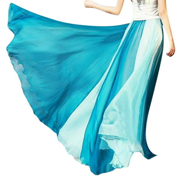 YUEHAO Skirts For Women Fashion Women Full Circle Skirt Flowing Color Matching Chiffon Bohemian Skirt (Blue)