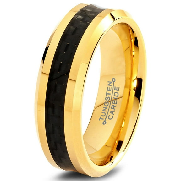 Charming Jewelers Tungsten Wedding Band Ring 6mm for Men Women Comfort Fit 18K Yellow Gold Plated Black Carbon Fiber Beveled Edge Polished Lifetime Guarantee Size 4