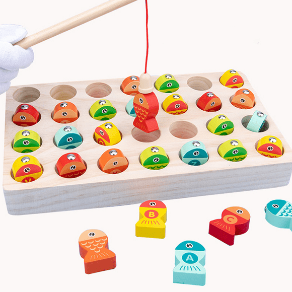 Wooden Magnetic Fishing Game, Fine Motor Skill Toy ABC Alphabet Color Sorting Puzzle, Montessori Letters Cognition Preschool Gift for Years Old Kid Early Learning with 2 Pole