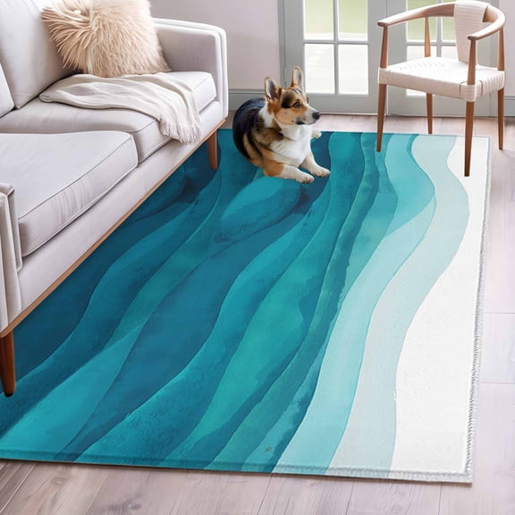 Kitchen Mats for Floor 3x5 Ft, Aqua Blue Ombre Non Slip Area Rugs for Kitchen Bedroom Entryway, Modern Ocean Waves Abstract Moire Art Washable Carpet Runner Rug Floor Mats for Bedroom Home Decor