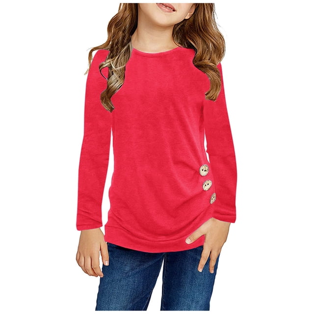Gibobby ropa Niñas blusas Camiseta de para niñas y niños, camiseta informal con botones de Color sólido, blusa holgada de manga larga con cuello redondo, camiseta (Rojo, 12-13 Años)