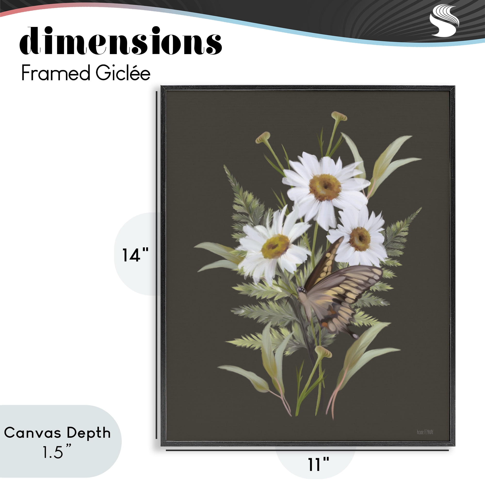 Stupell Industries Daisy Bouquet with Swallowtail Black Framed Giclee Art, design by House Fenway