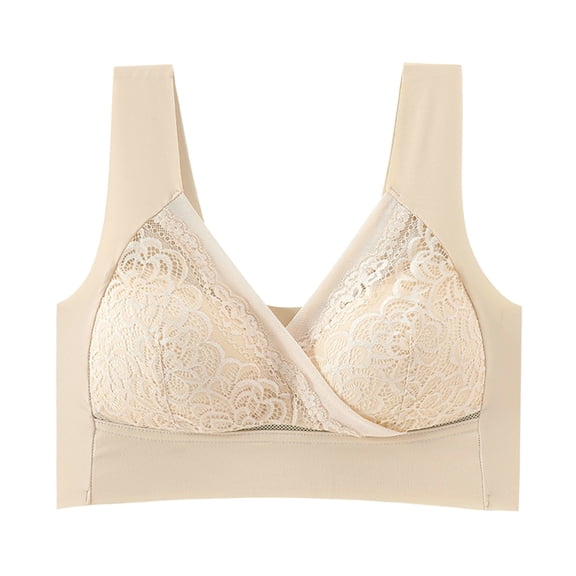 CUZIBR Women Bra Seamless Wireless Lace Cross Front Underwear Thin Cup V-Neck Tank Top Cozy Lightweight Full Coverage Comfortable Bralette Dailywear,Beige,L